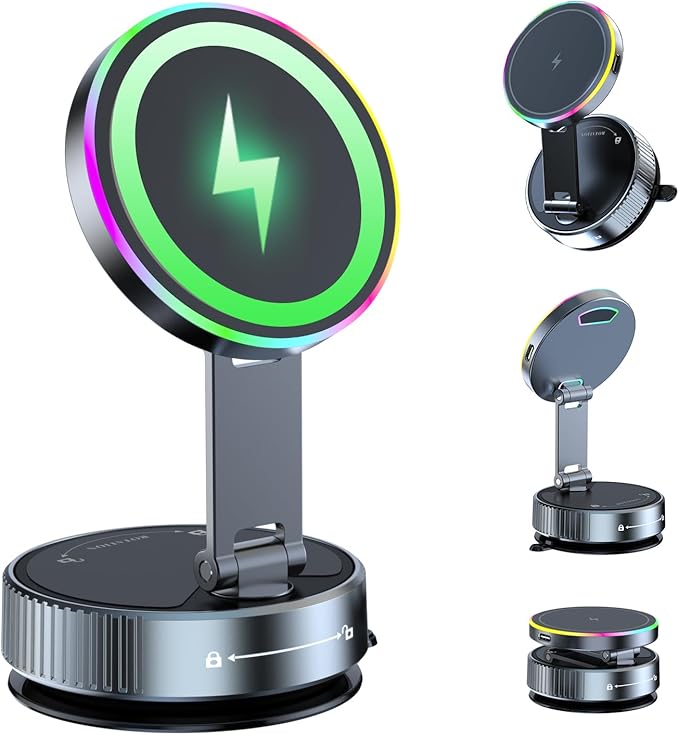 15W Fast for MagSafe Car Mount Charger with Breathing RGB Light, 360 Adjustable Vacuum Magnetic Phone Holder for Your Car Dash, Nano Gel Suction Cup Phone Mount for iPhone 12-17 Pro Max