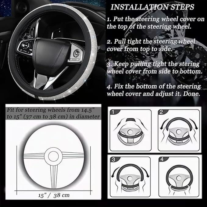 Bling Diamond Leather Steering Wheel Cover, Pink Steering Wheel Covers for Women Girls with Crystal Rhinestones, Universal Fit 14.5-15 Inch Car Steering Wheel Bling Cover Accessories