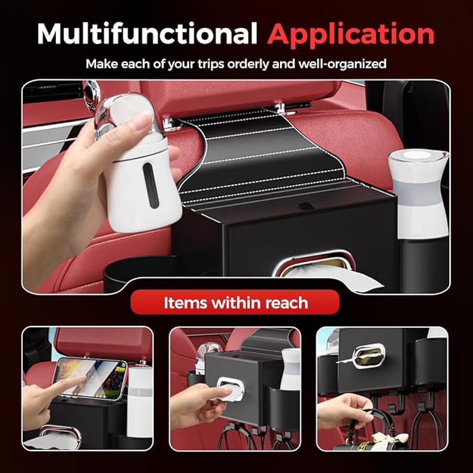 Back Seat Car Organizer,3 in 1 Car Backseat Storage Box with Cup Holder,Tissue Box,Trash Bin&Hooks,Multifunctional Waterproof Storage for Hold Phones Snacks Drinks Handbags (1, A-Black)