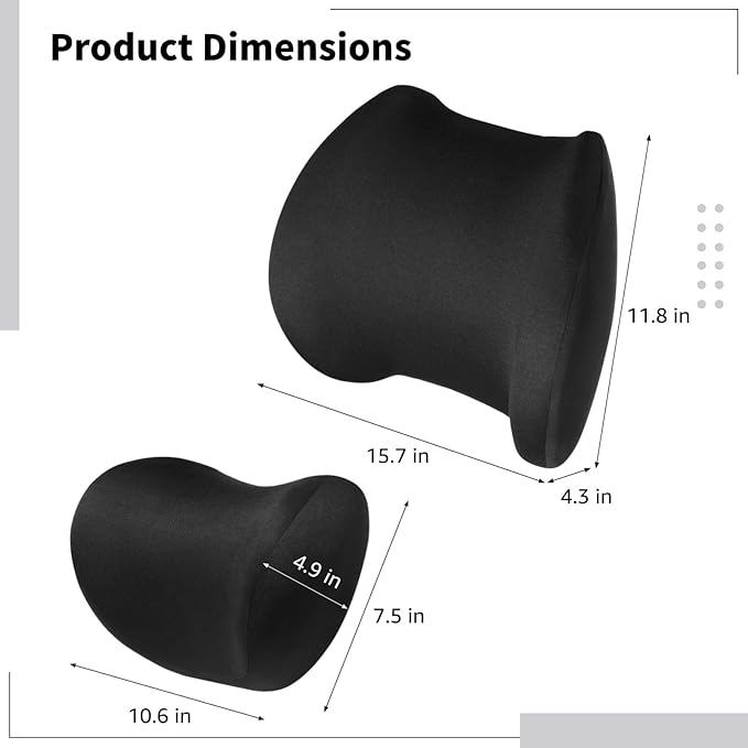 Headrest Lumbar Support Cushion, Car Head and Waist Pillow with Detachable Zipper Cover, Memory Foam for Car Seat, Black