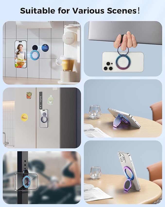 SUPERONE Magnetic Ring Holder for Dual-Side Magnetics, Removable Gym Phone Grip with Kickstand for iPhone 17/16/15/14/13/12 Series MagSafe Case All Phones Compatible with Magnetic Car Mount - Colorful