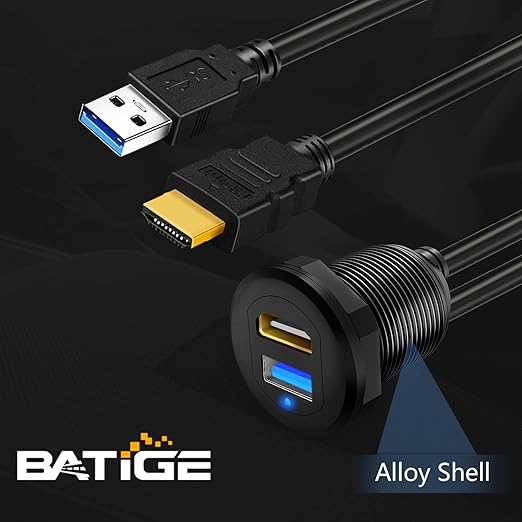 BATIGE USB 3.0 HDMI Car Mount Flush USB Port Cable, Alloy Shell HDMI USB3.0 Dash Panel Extension Cable with LED Indicator for Car Boat Motorcycle -3ft