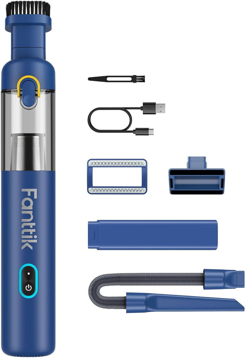 Fanttik Slim V8 Mate Cordless Car Vacuum Suction Power 12000Pa, Portable Mini Vacuum with Flexible Hose and Pet Brush, Type-C Charge, Portable for Car, Office Desk, Keyboards, Blue