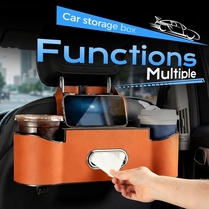 Back Seat Car Organizer with Cup Holder, 2026 New Backseat Car Organizer Back Seat, Multifunctional Car Seat Back Organizer Storage Box with Hooks & Tissue Box, for Drinks, Phone & Handbags (Brown)