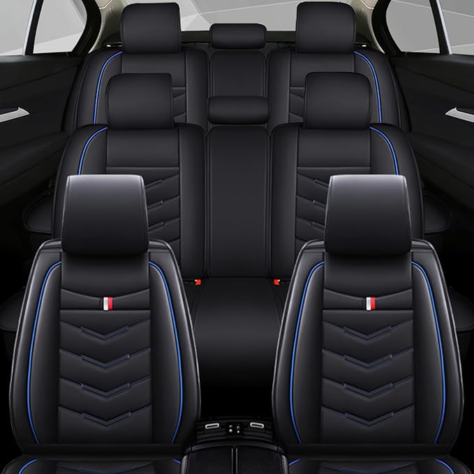 Car Seat Cover 7 Seats for Ford Explorer 2000-2025, Waterproof Durable Compatible Airbag, Premium Leather Seat Protector(7 Seats Standard,Black Blue)
