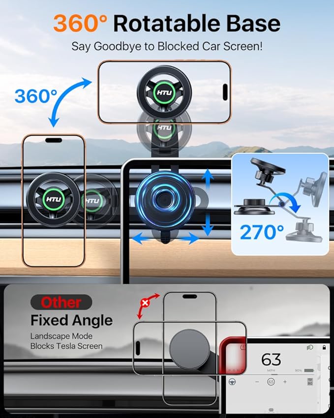 HTU 2026 Upgraded Car Phone Holder for Magsafe Magnetic Car Phone Mount [360° Adjustable 99LBS Ultra Suction] Cell Phone Holders for Tesla Cars/Gym/Mirror Mount for iPhone & Android (Black)