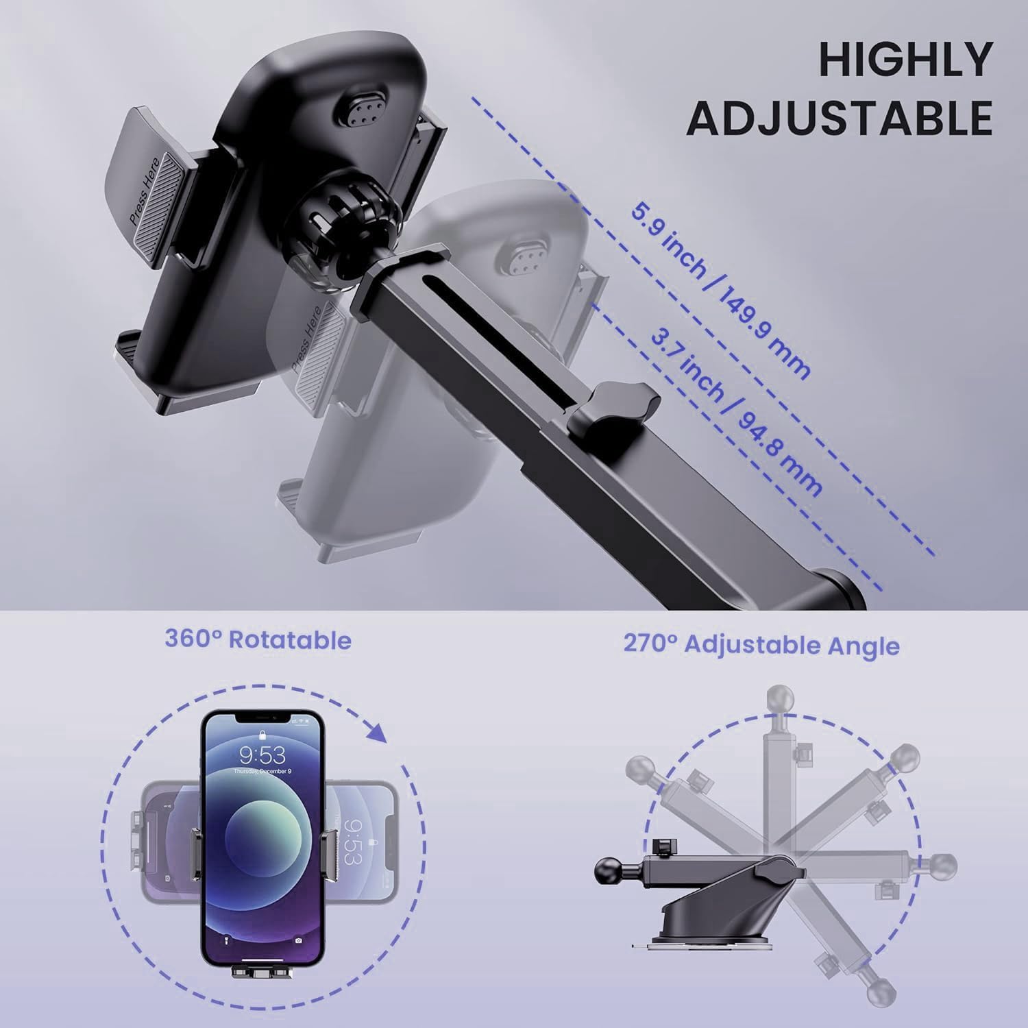 Qifutan Universal Car Phone GPS Navigator Mount - 3-in-1 Windshield/Dashboard/Air Vent Holder for iPhone & Android GPS Navigator, 360° Adjustable, Secure Suction Cup, Anti-Slip Silicone