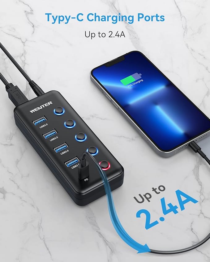 Powered USB 3.0 Hub, Wenter 5-Port USB Hub Splitter (4 Faster Data Transfer Ports+ 1 Type-C Charging Ports) with Individual LED On/Off Switches, USB Hub 3.0 Powered with Power Adapter for Mac, PC