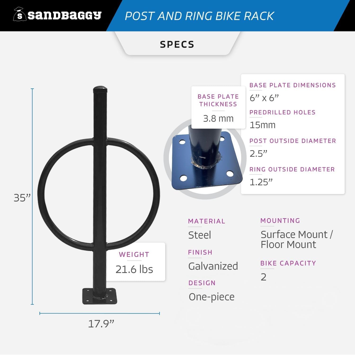 Sandbaggy Post and Ring Bike Rack - Commercial Bike Racks - Galvanized Steel - Anti-Theft Design - In Ground, Apartments, Sidewalks, Industrial (Red, 2)