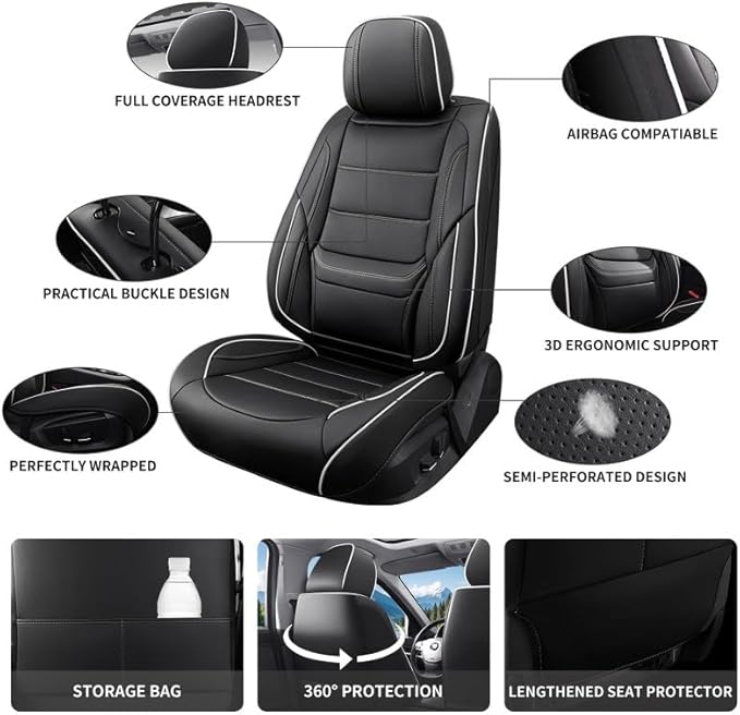 Car Seat Covers Full Set Custom Fit for Buick Lacrosse 2004-2019-Luxury Leather with Lumbar Support, Breathable, Waterproof, Anti-Slip, Durable, Easy to Install (Black&White,Full Set)