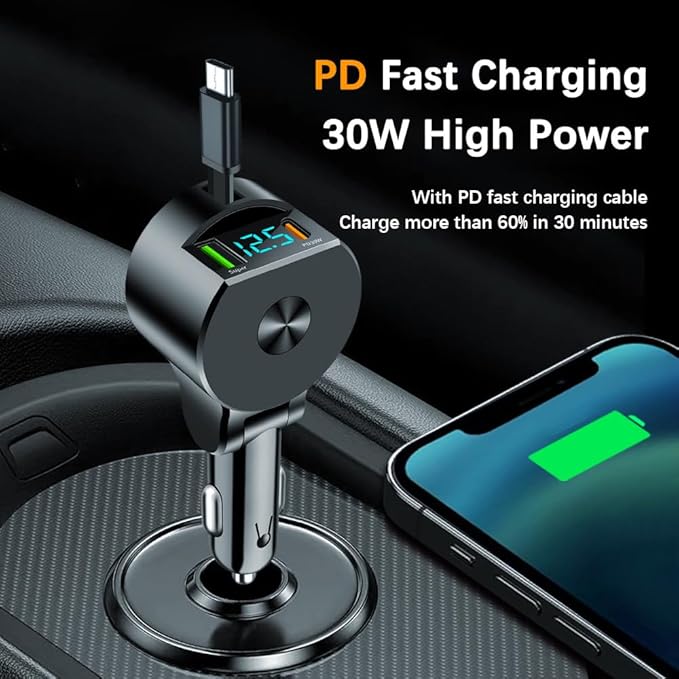 75W 3-in-1 Car Charger Adapter with Voltage Detection, Super Fast Charging with Cable PD30W Retractable Cable for iPhone/Samsung/Android/iPad Pro and More