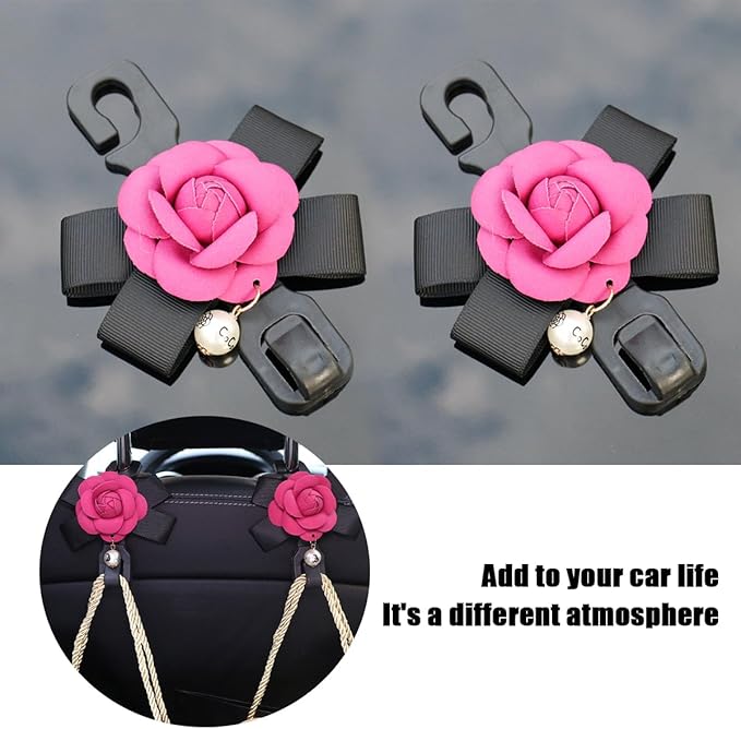 Car Seat Headrest Hook, 2PCS Cute Flower Vehicle Backseat Organizer Hanger for Purse Grocery Bag Coat, Auto Interior Hanging Decor Accessories, Universal for SUV Sedan Truck (Red)