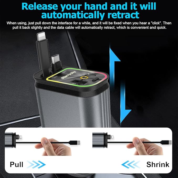 Car Charger with Starrylight, 4 in 1 Retractable Type C USB Ports 120W Fast Charging Adapter for Phones, Tablets, Multifunctional Auto Accessories, Universal for Vehicles