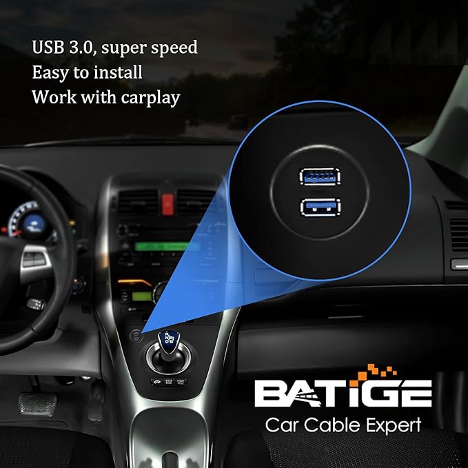 BATIGE 2 Ports Dual USB 3.0 Male to USB 3.0 Female AUX Flush Mount Car Mount Extension Cable for Car Truck Boat Motorcycle Dashboard Panel -6ft