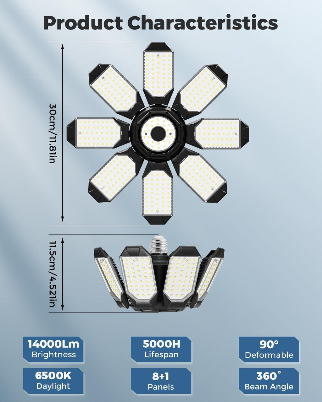Adiding LED Garage Ceiling Lights 14000Lm w/ 8 Adjustable Panels, Super Bright Deformable Basement Light Bulb Fixture Screw in E26 Bulbs Socket for Indoor Shop, Workshop, Attic, Barn, Bay, Home Gym