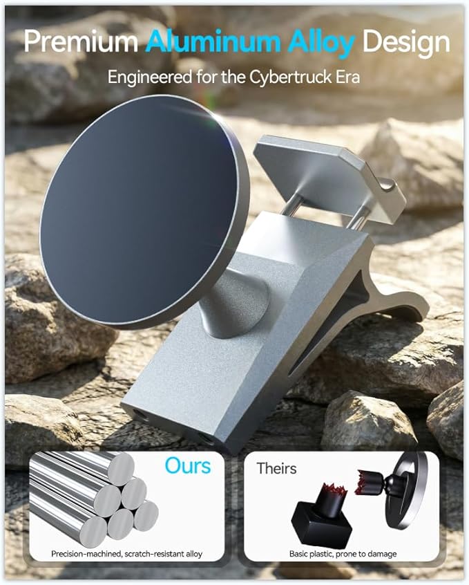 Phone Mount for Tesla Cybertruck The Ultimate Magnetic Phone Holder for Tesla Cybertruck Accessories | 360° Adjustable All-Metal Dash Mount with Strong Magnets Secure Clip-On Design Leaves No Residue
