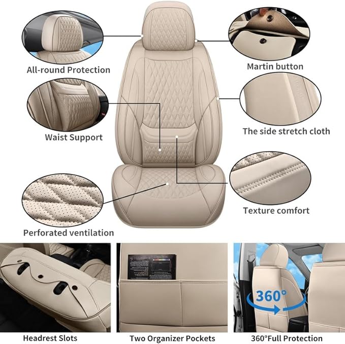 Car Seat Covers Full Set Custom Fit for Ford Ranger 2000-2026 - Premium Faux Leather with Lumbar Support | Breathable, Waterproof, Anti-Slip, Durable (Beige,Full Set)