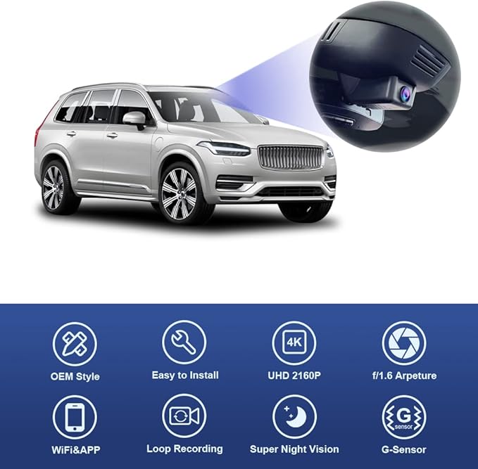 Fitcamx Front 4K+Rear 1080P Dash Cam Adapts for for Volvo XC90 2023-2026 Plug-in Hybrid B5 B6 T8 (Model B), OEM Look, 2 Way HD Video, WiFi & APP, Loop Recording, G-Sensor, Easy to Set, 128GB Card