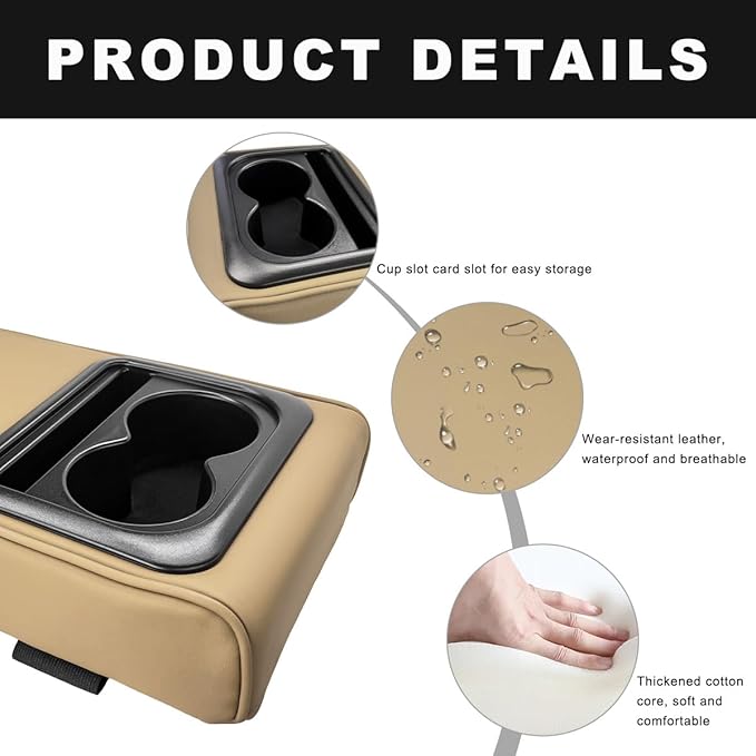 Car Center Console Armrest Pillow, 14"×8.3" Waterproof Leather Armrest Box Cover with Cup and Phone Holder, Soft Memory Foam Arm Rest Console Pad Protector for SUV Truck (Beige, Glossy)