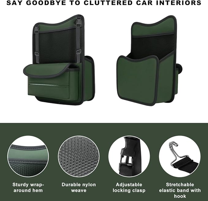 Car Purse Holder Between Seats, Nappa Leather Front Seat Storage Bag with Tissue Holder, Large Capacity Automotive Console Organizer for Document Phone Wallet, Car Accessories (Green)