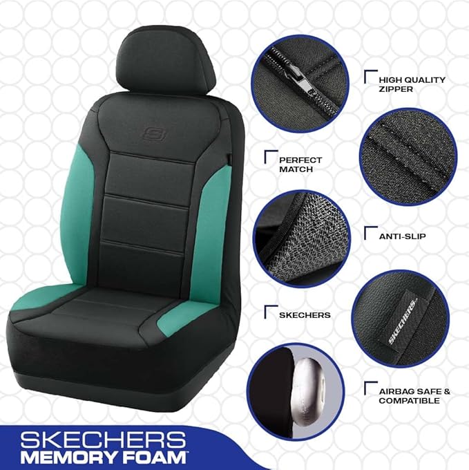 Skechers Memory Foam Car Seat Covers, Lycra Fabric Seat Covers Thick Memory Foam, Front Car Seat Protector, Airbag Compatible, Automotive Comfort Protection for Most Cars,Trucks, SUVs,Green