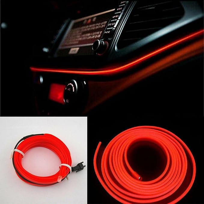 Riloer El Wire Lights for Car, Interior Neon Lights Strip Car LED Strip Light Interior for Car Garden Party Decoration, Car Ambient Lighting Kits, 2m/6.5ft Red LED