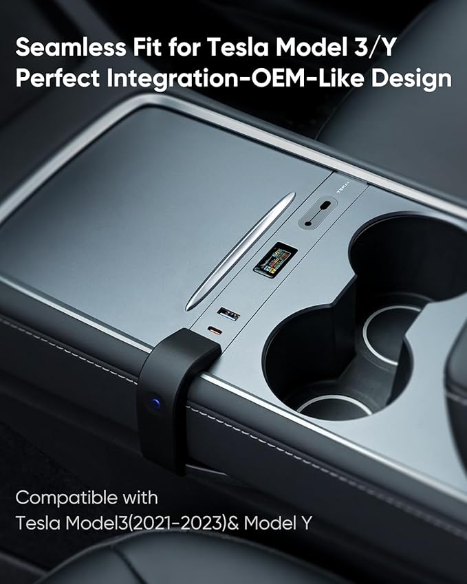 Tesla Model 3/Y USB Hub - Center Console Fast Charging Adapter, 100W Max Power, Hidden Cable Management, IPS Display, Smart Power Distribution for Tesla Model 3 (2021-2023) & Model Y Accessories