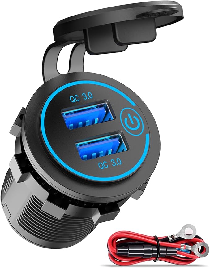 QC3.0 Dual USB 12V Outlet with Touch Switch: 12 Volt Marine Socket Golf Cart USB Port DC Car Charger Waterproof Power Adapter Cigarette Lighter Mount Fast Charge for Boat Motorcycle ATV RV