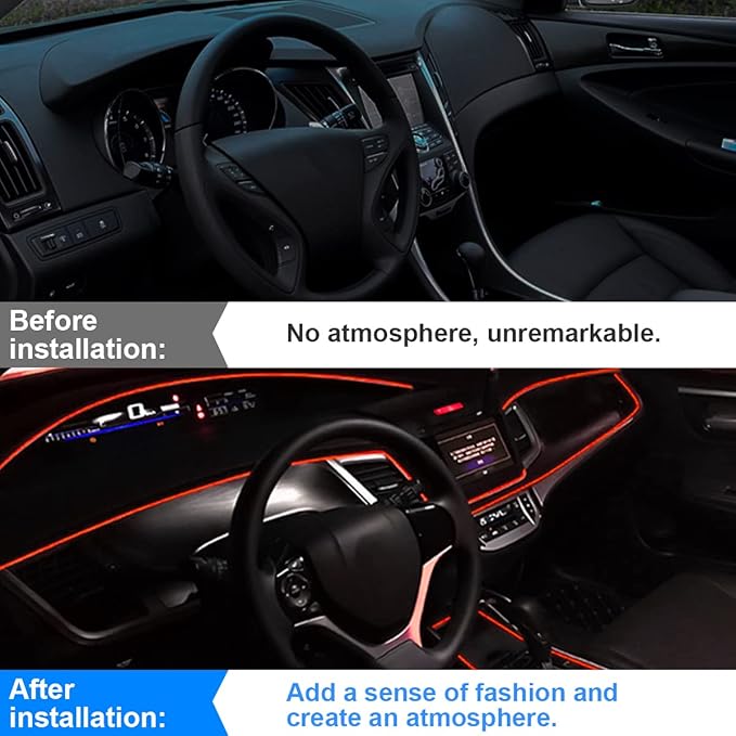 EL Wire Interior LED Strip Lights, 10FT/3M USB Auto Neon Light With Sewing Edge, Electroluminescent Ambient Lighting Kit, Fuse Protection, Car Decoration Accessories (Red/10FT)