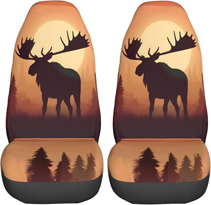 Delerain Car Seat Covers Set 2Pcs, Fall Sunset Wild Moose Universal Front Car Seats Vehicle Enterior Protector Suitable Fits Most Car Auto SUV Sedan Truck