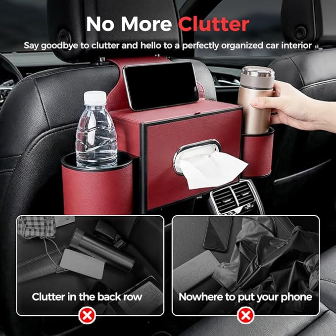 Back Seat Car Organizer,3 in 1 Car Backseat Storage Box with Cup Holder,Tissue Box,Trash Bin&Hooks,Multifunctional Waterproof Storage for Hold Phones Snacks Drinks Handbags (1, A-Beige)
