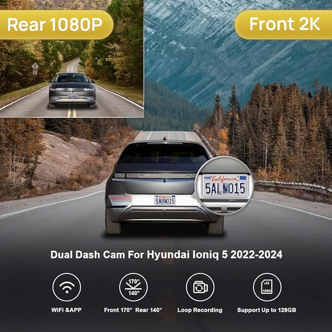 Fitcamx Front 2K+Rear 1080P Dash Cam Adapts for Hyundai IONIQ 5 2022-2024 (6 Vents) SE Standard Range SEL Limited, OEM Look, Dual HD Video, WiFi & APP, Loop Recording, G-Sensor, Easy to Use, 64GB Card