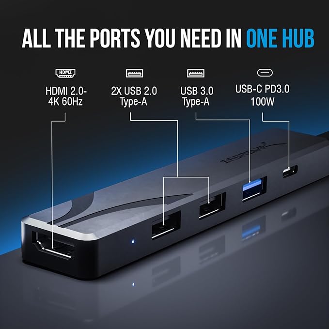 SABRENT USB C Hub, USB C to HDMI 4K@60Hz, Type C Hub Multiport Adapter, 100W Power Delivery, Compatible with MacBook, Laptop (HB-TC5P)