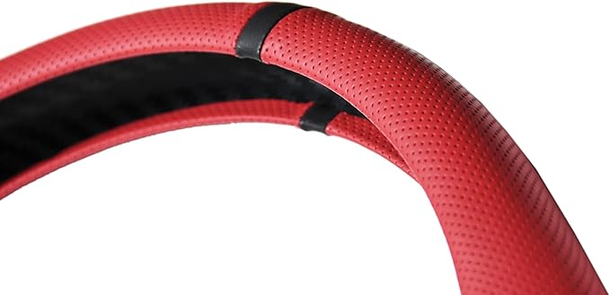 Quick Install Sporty Red Wine Burgundy Perforated Nappa Leather Steering Wheel Cover with Black Top Stripe Universal fit 14.5 to 15 inches Car Sedan SUV Pickup