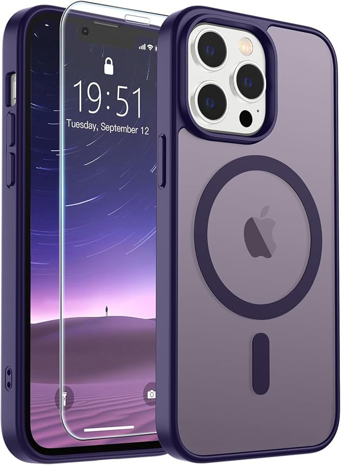 SUPFINE Magnetic for iPhone 12 Pro Max Case with Screen Protector (Compatible with MagSafe) (Military Grade Drop Protection) Translucent Matte Shockproof with Anti-Fingerprint Phone Cover,Dark Purple