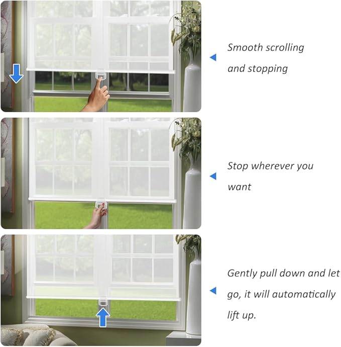 LUCKUP Light Filtering Roller Shades for Windows, Cordless Semi Sheer Solar Blinds with 5% Openness Free-Stop Window Shades for Home & Office, White 27" W x 72" L