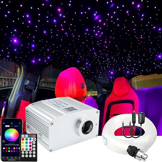 AZIMOM Bluetooth Control 10W RGBW Twinkle Fiber Optic Lights Star Ceiling Light Kit 200pcs*0.03in*6.5ft Fiber Cables Sound Activated APP/Remote Light Engine Car Use Home Interior Lighting Deco