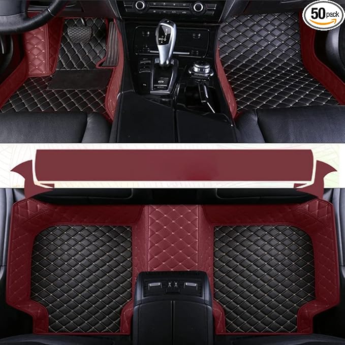 Custom Floor Mats for Cars，Luxury Full Coverage All Weather Car Floor Mats，Leather Car Mat Set ， Floor Mats for 99% of Cars, Trucks & SUVs (Border Wine red, Medium Black Rice)