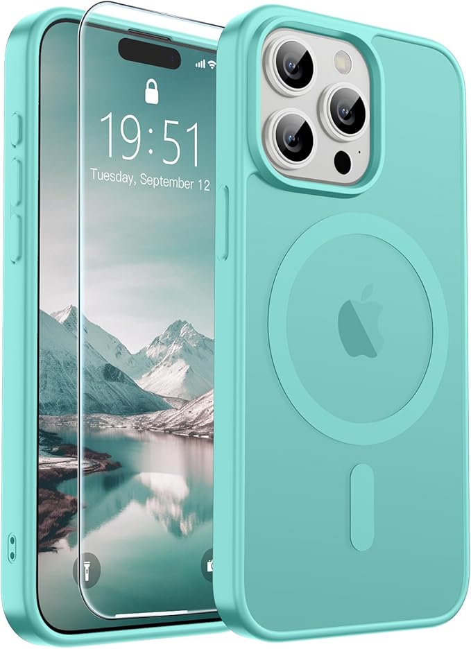 SUPFINE Magnetic for iPhone 15 Pro Max Case (Compatible with MagSafe) (Military Grade Drop Protection) Slim Translucent Matte Shockproof with Anti-Fingerprint Phone Case,Blue Green
