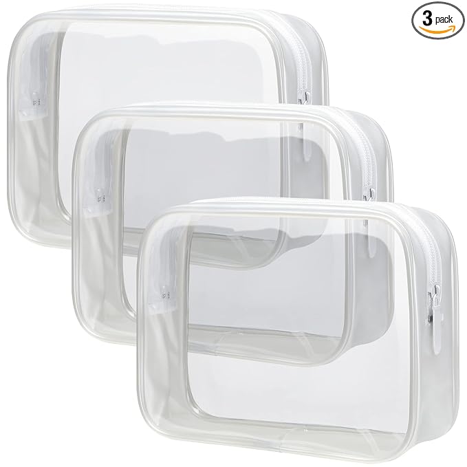 PACKISM Clear Toiletry Bag - 3 Pack TSA Approved Toiletry Bag Quart Size Bag, Travel Makeup Cosmetic Bag for Women, Carry on Airport Airline Compliant Bag, White