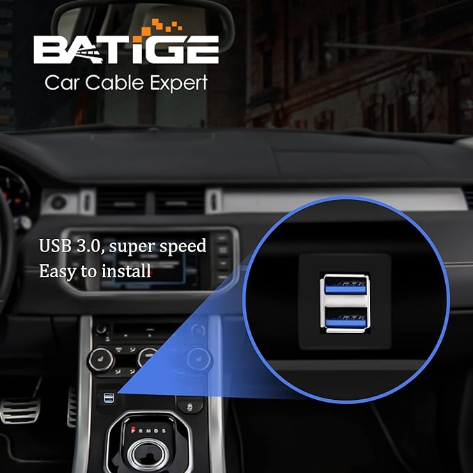 BATIGE Dual Ports Square USB 3.0 Panel Flush Mount Extension Cable with Buckle for Car Truck Boat Motorcycle Dashboard 1ft