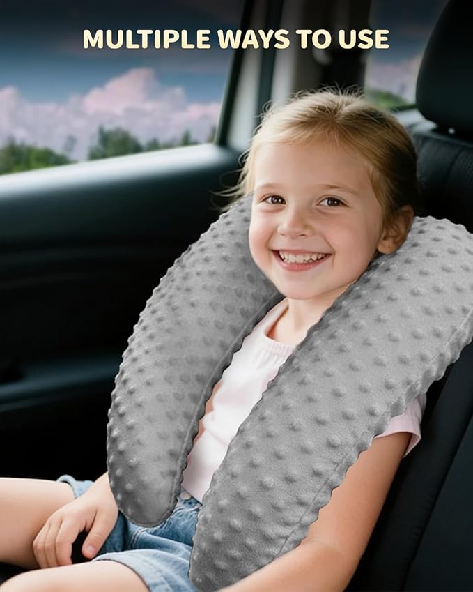 Memory Foam Kids Travel Pillow, Car Pillow for Kids, H-Shape Car Pillows for Sleeping, Removable Pillowcase, Adjustable, Velvet Dots, Grey