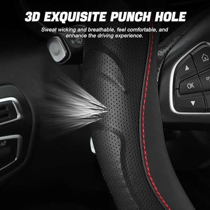 Leather Steering Wheel Cover, Auto Car Stretch Steering Wheel Protector, Universal 15 Inch Anti-Slip Breathable Odorless Steering Wheel Cover for Men Women (Black)