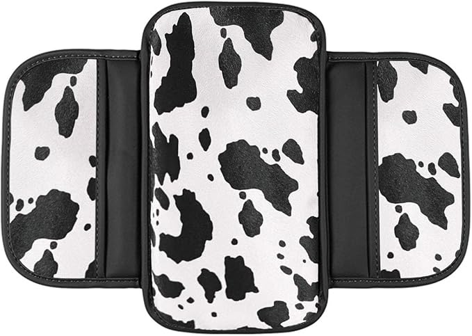 Dotesy Cow Pattern Car Center Console Cover,Microfiber Leather Car Armrest Cover Cushion with 2 Storage Bags,Universal Car Armrest Storage Box Car Interior Accessories for Most Vehicles (Black White)