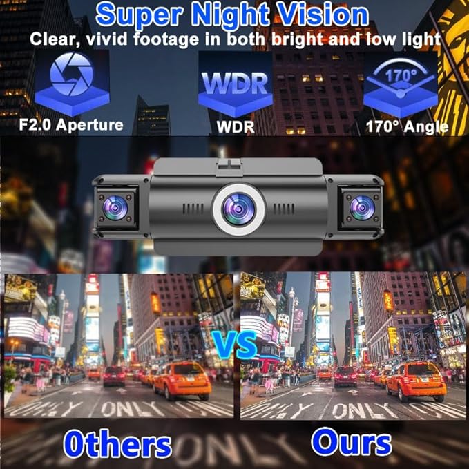 4 Channel 4K Dash Cam Front and Rear Inside, 360° View 1080P Dash Camera for Cars, Super Night Vision, Gravity Sensor, Loop Recording, WDR, 24H Parking Mode, WiFi & APP Control, with 64GB Card