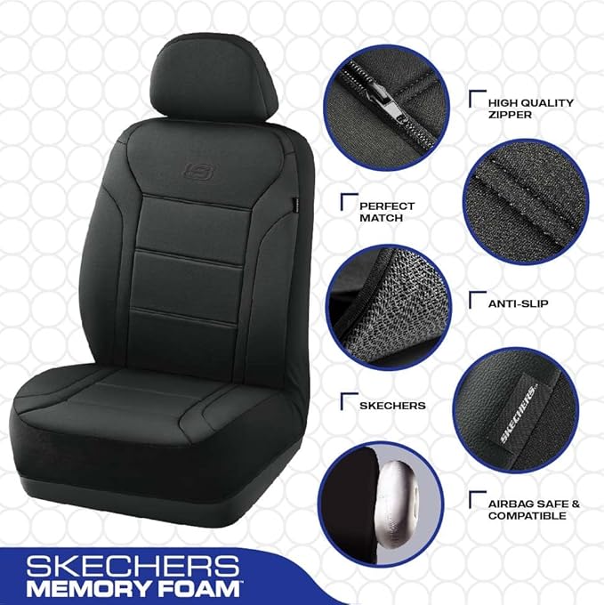 Skechers Memory Foam Car Seat Covers, Lycra Fabric Seat Cover, Car Seat Covers Front Seats Airbag Compatible, Automotive Comfort Protection for Most Cars, Trucks, SUVs, Black