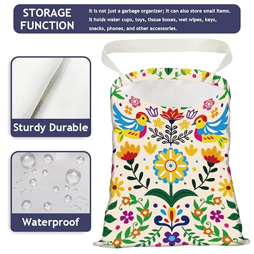 Abstract Birds Flowers Print Car Trash Bag Hanging Garbage Bag with Snap Buttons Car-Back Seat Trash Storage Portable Dustbin for Vehicle Interior Accessories Travelling Camping