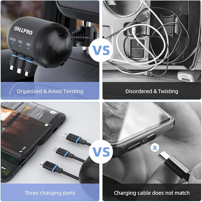 OHLPRO Retractable Backseat Car Charger [2 Pack], 3-in-1 Multi Car Charging Station with USB-C/USB-i/Micro-USB, 15W Fast Charging for iPhone, Samsung, Android, Headrest Mount for Uber Taxi Rideshare