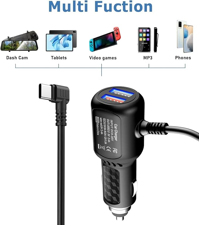 Dash Cam Charger USB C,Type C Dash Cam Power Cord,Dual USB Fast Charger, Compatible with REDTIGER F7N Series,Vantrue N4 and N2S Series,WOLFBOX Mirror cam,AZDOME,Pelsee and GPS Navigator(6.56FT)