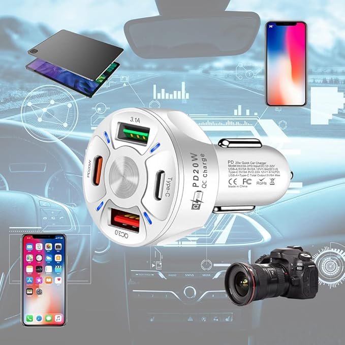 4 Port Car Charger USB C Adapter with LED Light,Quick Charge with Type C/PD 20W/QC 3.0 Fast Charging CCar Cigarette Lighter Adapter for iPhone 14 13 12 S22 S21 S20 iPad Pro& More Car (White)
